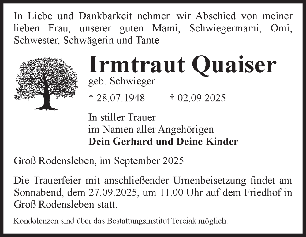  Traueranzeige für Irmtraut Quaiser vom 13.09.2025 aus Volksstimme Oschersleben/Wanzleben