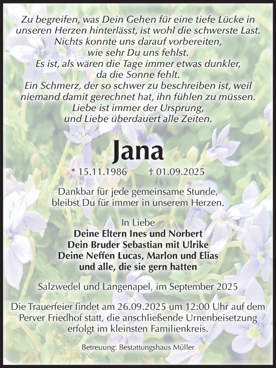 Traueranzeige von Jana  von Volksstimme Altmark West