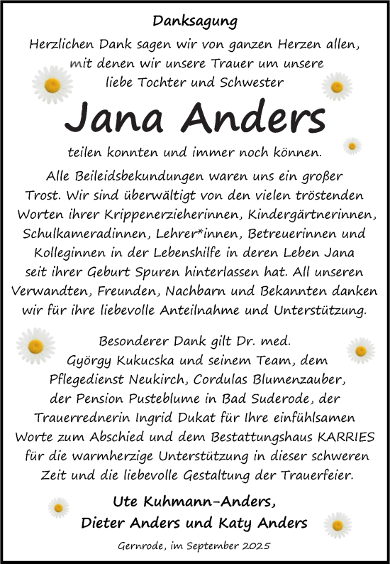 Traueranzeige von Jana Anders von Trauerkombi Quedlinburg
