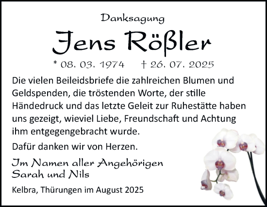 Traueranzeige von Jens Rosfler von Trauerkombi Sangerhausen