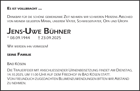 Traueranzeige von Jens-Uwe Bühner von Naumburger Tageblatt