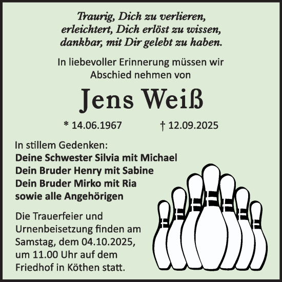 Traueranzeige von Jens Weil von Trauerkombi Köthen