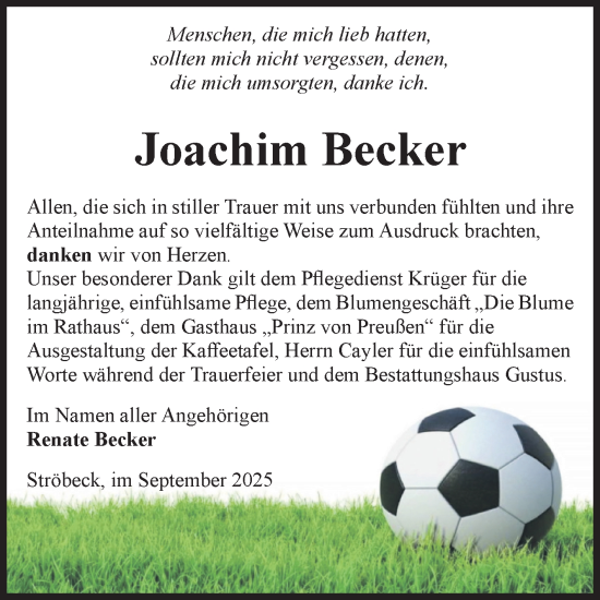 Traueranzeige von Joachim Becker von Volksstimme Halberstadt