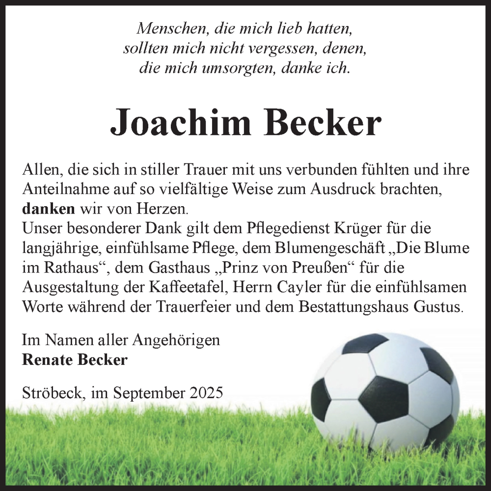  Traueranzeige für Joachim Becker vom 13.09.2025 aus Volksstimme Halberstadt