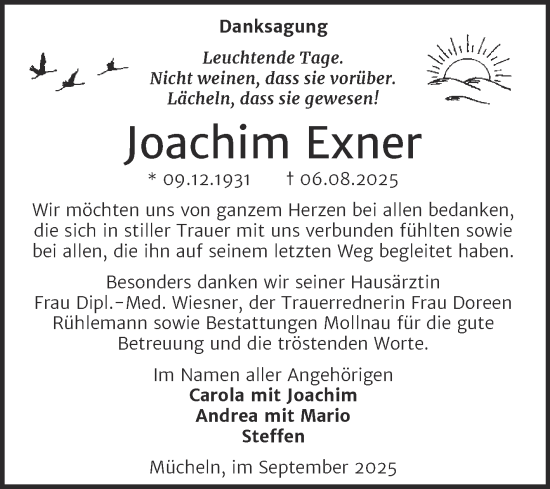 Traueranzeige von Joachim Exner von Trauerkombi Merseburg