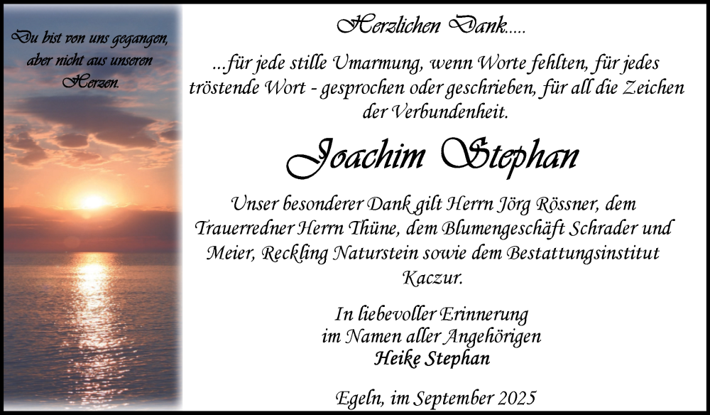  Traueranzeige für Joachim Stephan vom 13.09.2025 aus Volksstimme Staßfurt