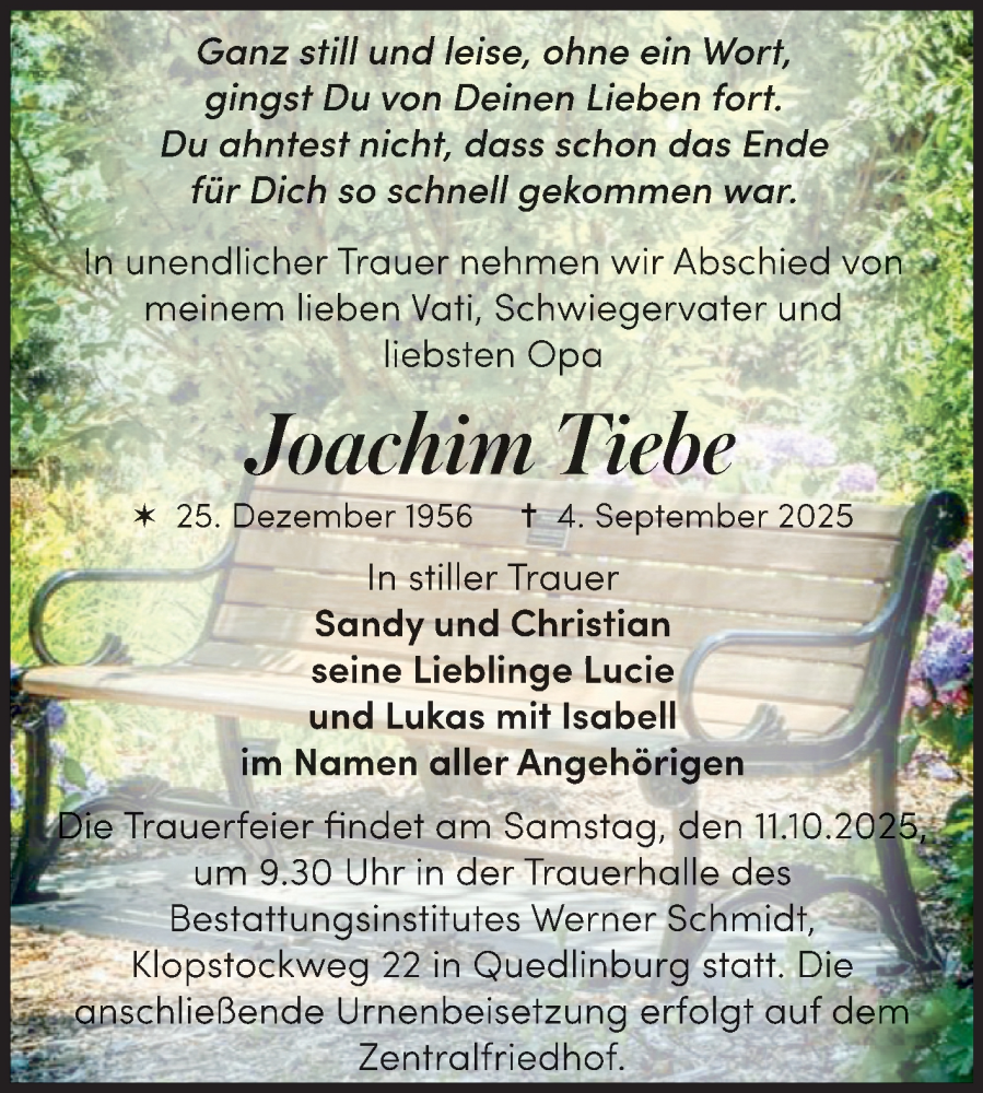  Traueranzeige für Joachim Tiebe vom 27.09.2025 aus Trauerkombi Quedlinburg