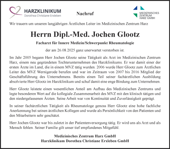 Traueranzeige von Jochen Glootz von Mitteldeutsche Zeitung Quedlingburg