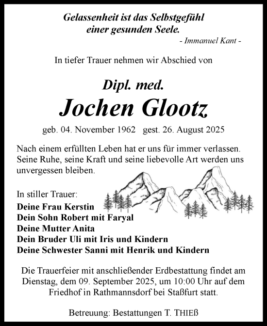Traueranzeige von Jochen Glootz von Volksstimme Staßfurt