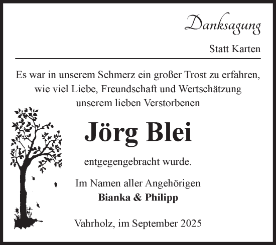 Traueranzeige von Jörg Blei von Volksstimme Altmark West