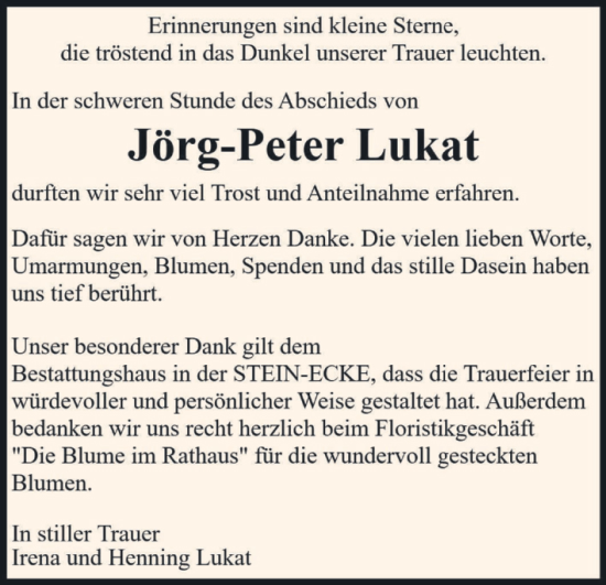 Traueranzeige von Jörg-Peter Lukat von Volksstimme Wernigerode