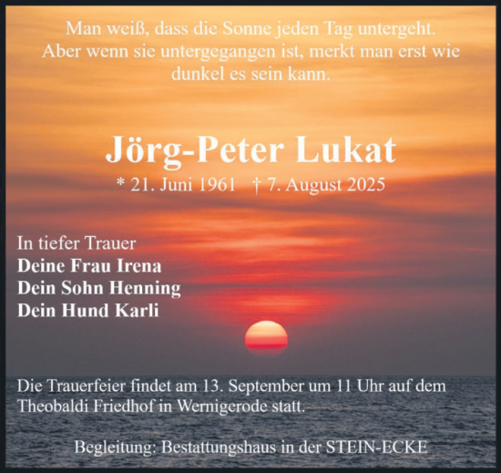 Traueranzeige von Jörg-Peter Lukat von Volksstimme Wernigerode