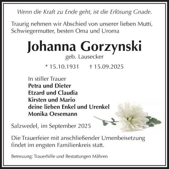 Traueranzeige von Johanna Gorzynski von Volksstimme Altmark West