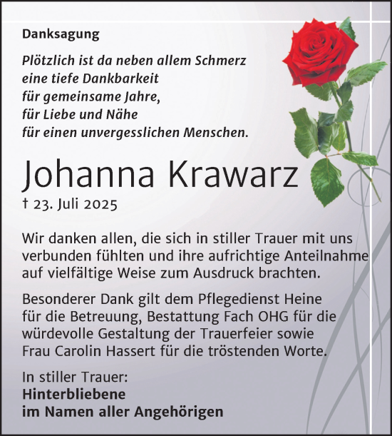 Traueranzeige von Johanna Krawarz von Trauerkombi Merseburg