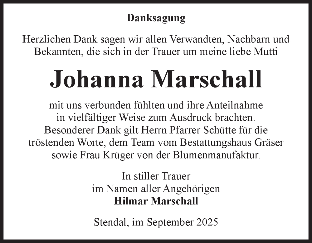  Traueranzeige für Johanna Marschall vom 20.09.2025 aus Volksstimme Altmark Ost