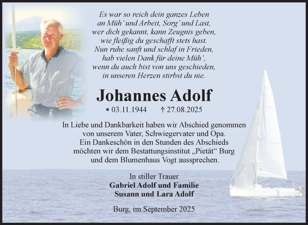  Traueranzeige für Johannes Adolf vom 27.09.2025 aus Volksstimme Burg/Genthin