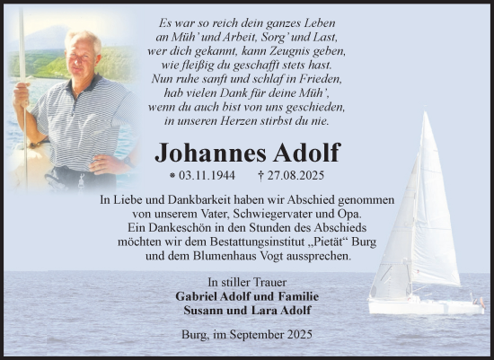 Traueranzeige von Johannes Adolf von Volksstimme Burg/Genthin