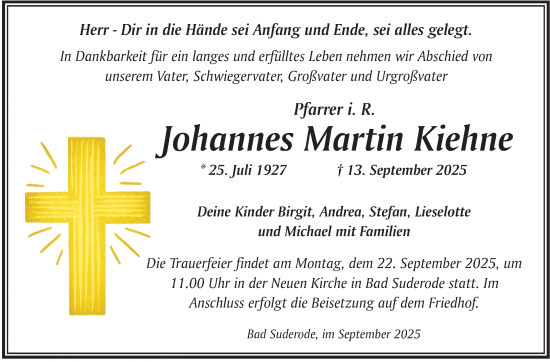 Traueranzeige von Johannes Martin Kiehne von Naumburger Tageblatt