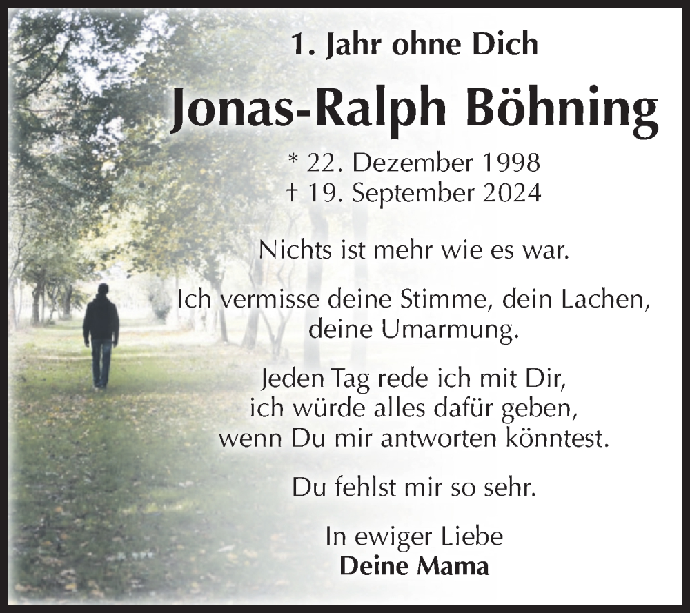  Traueranzeige für Jonas-Ralph Böhning vom 19.09.2025 aus Volksstimme Burg/Genthin