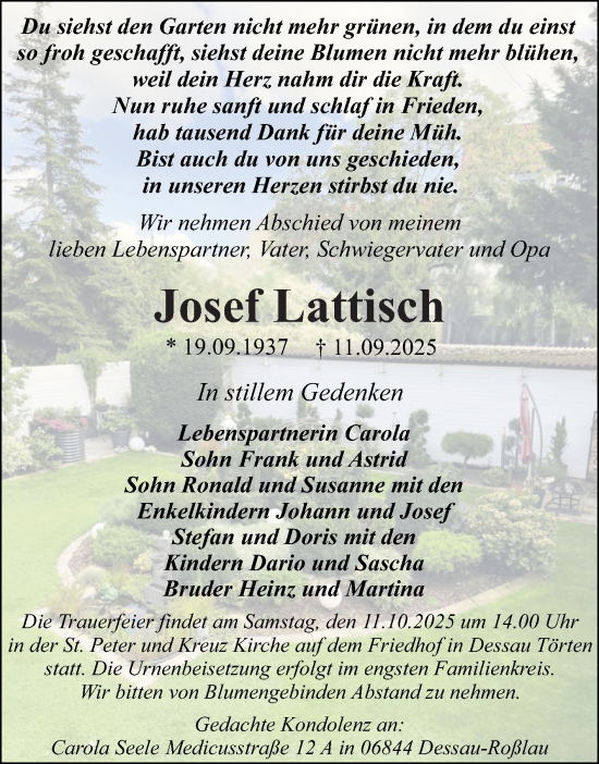 Traueranzeige von Josef Lattisch von Trauerkombi Dessau