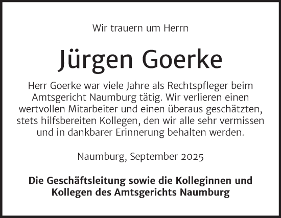Traueranzeige von Jürgen Goerke von Naumburger Tageblatt