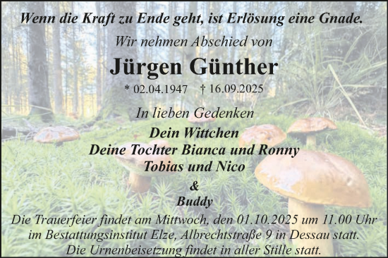 Traueranzeige von Jürgen Günther von Trauerkombi Dessau