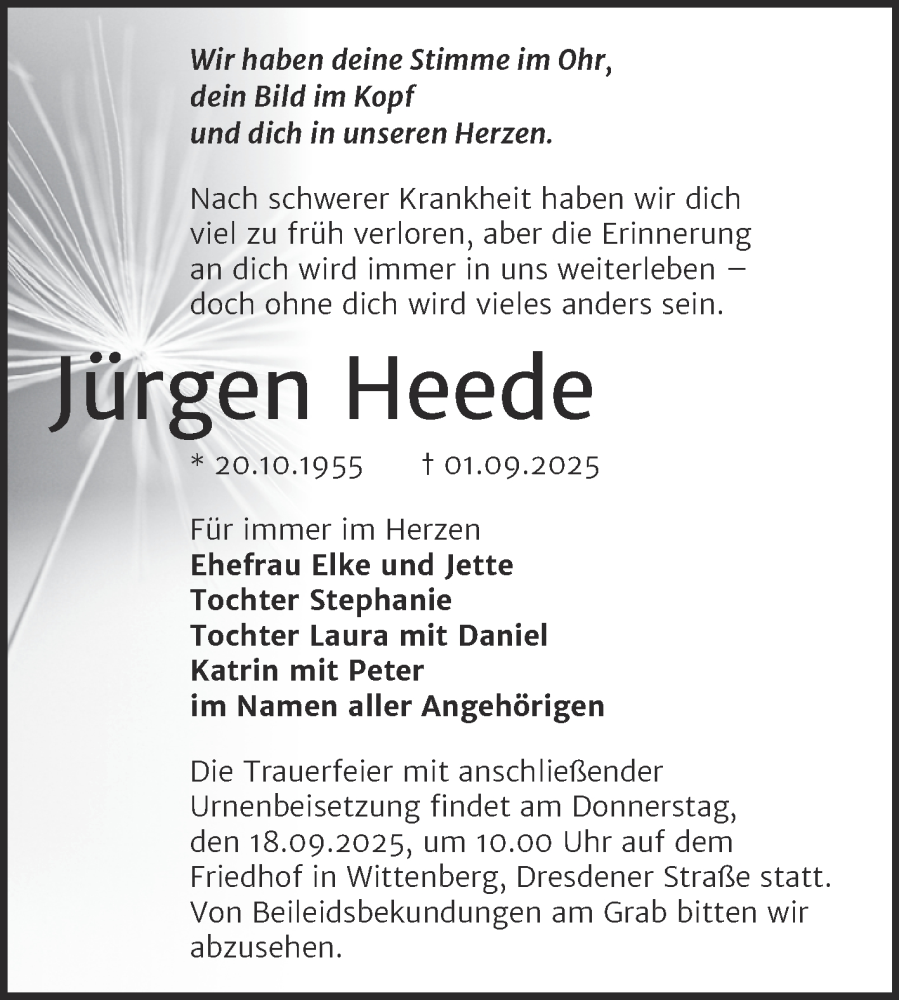  Traueranzeige für Jürgen Heede vom 13.09.2025 aus Trauerkombi Wittenberg
