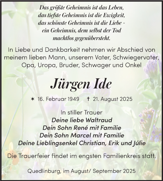 Traueranzeige von Jürgen Ide von Trauerkombi Quedlinburg
