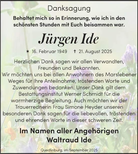 Traueranzeige von Jürgen Ide von Trauerkombi Quedlinburg