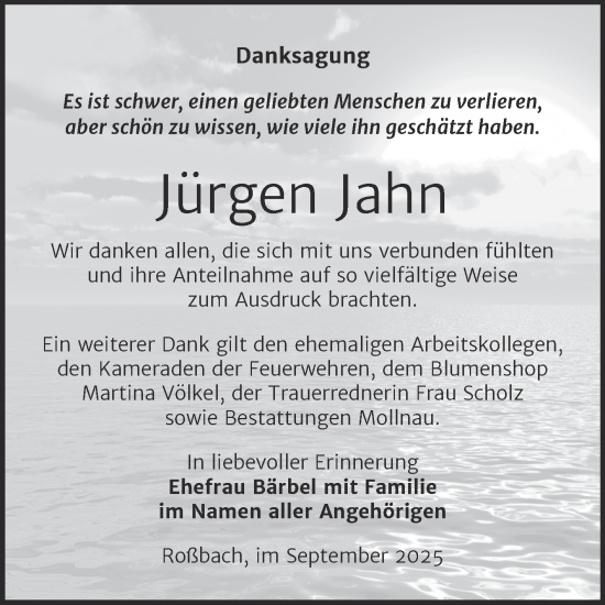 Traueranzeige von Jürgen Jahn von Trauerkombi Merseburg