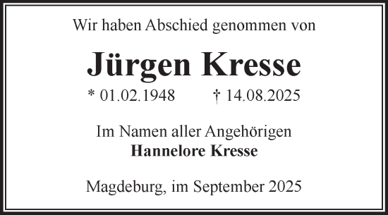 Traueranzeige von Jürgen Kresse von Volksstimme Magdeburg