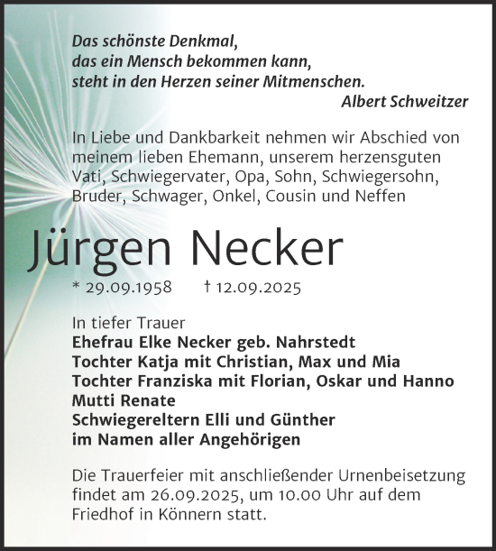 Traueranzeige von Jürgen Necker von Trauerkombi Bernburg