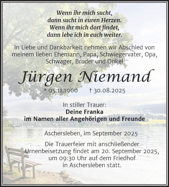Traueranzeige von Jürgen Niemand von Trauerkombi Aschersleben