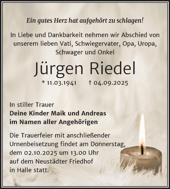 Traueranzeige von Jürgen Riedel von Mitteldeutsche Zeitung Halle/Saalkreis