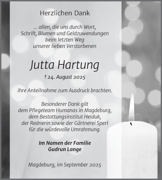 Traueranzeige von Jutta Hartung von Volksstimme Schönebeck