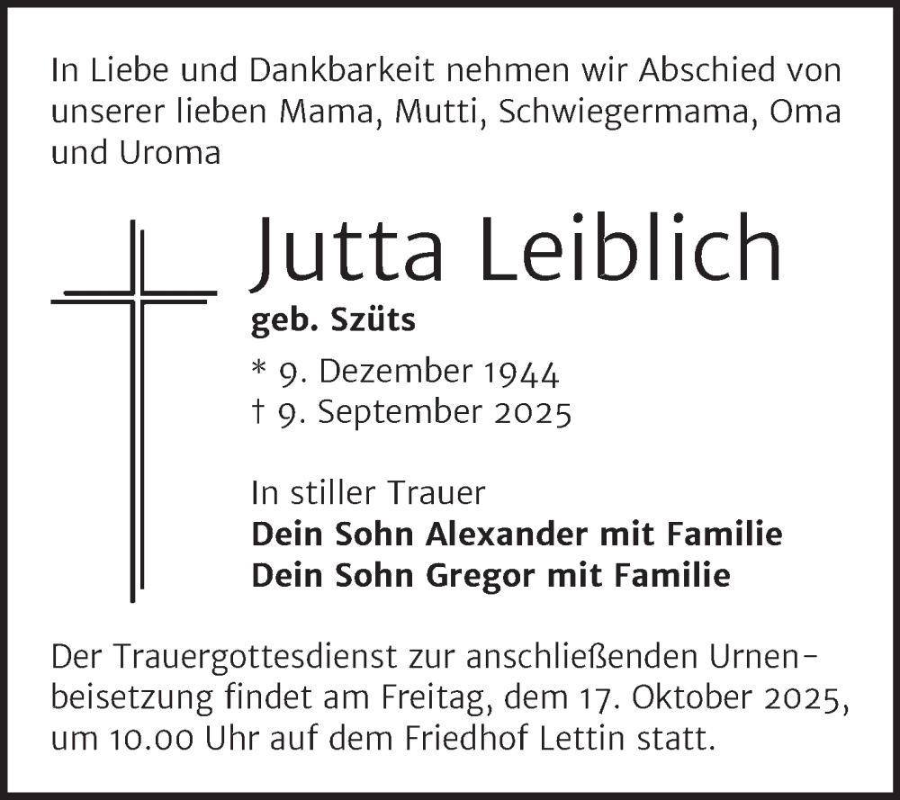  Traueranzeige für Jutta Leiblich vom 20.09.2025 aus Mitteldeutsche Zeitung Halle/Saalkreis