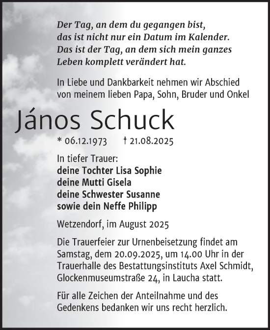 Traueranzeige von János Schuck von Super Sonntag Naumburg/Nebra