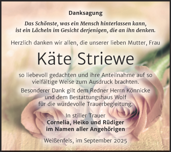 Traueranzeige von Käte Striewe von Trauerkombi Weißenfels