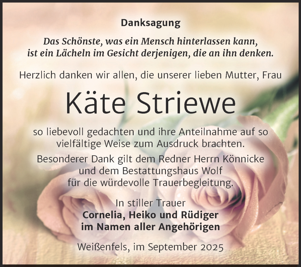  Traueranzeige für Käte Striewe vom 13.09.2025 aus Trauerkombi Weißenfels