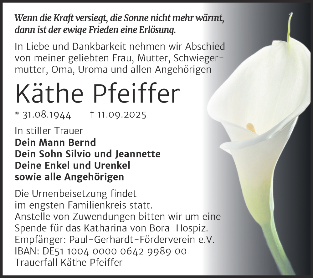  Traueranzeige für Käthe Pfeiffer vom 27.09.2025 aus Trauerkombi Wittenberg