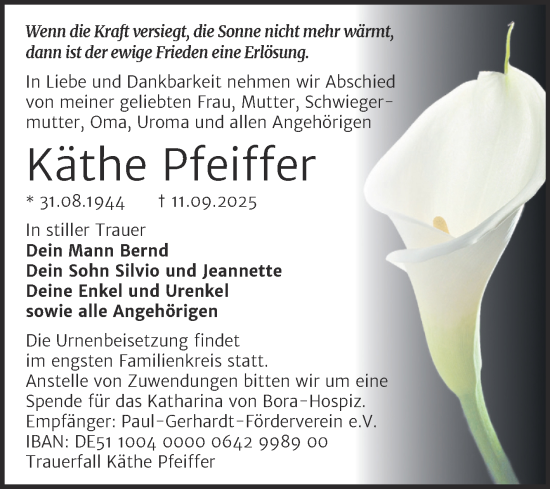 Traueranzeige von Käthe Pfeiffer von Trauerkombi Wittenberg