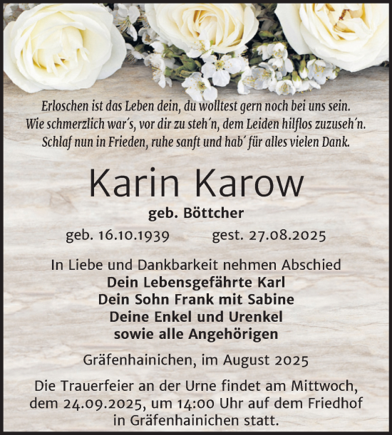 Traueranzeige von Karin Karow von Trauerkombi Wittenberg