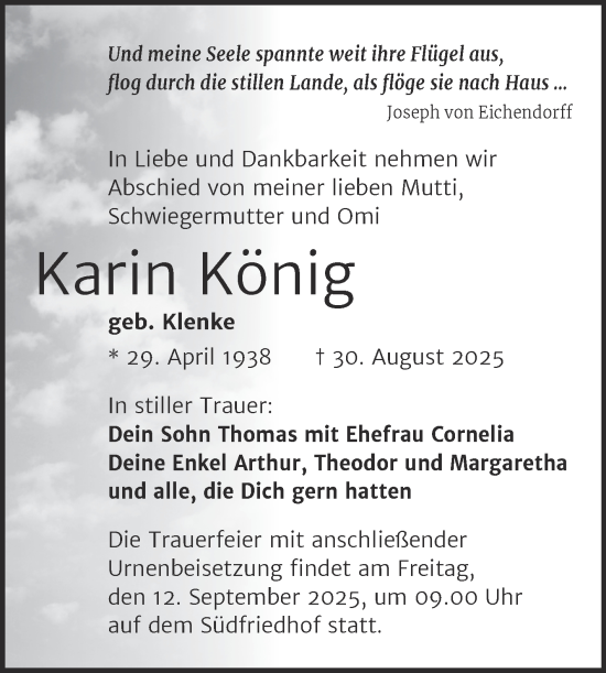 Traueranzeige von Karin König von Mitteldeutsche Zeitung Halle/Saalkreis
