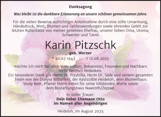 Traueranzeige von Karin Pitzschk von Trauerkombi Bitterfeld