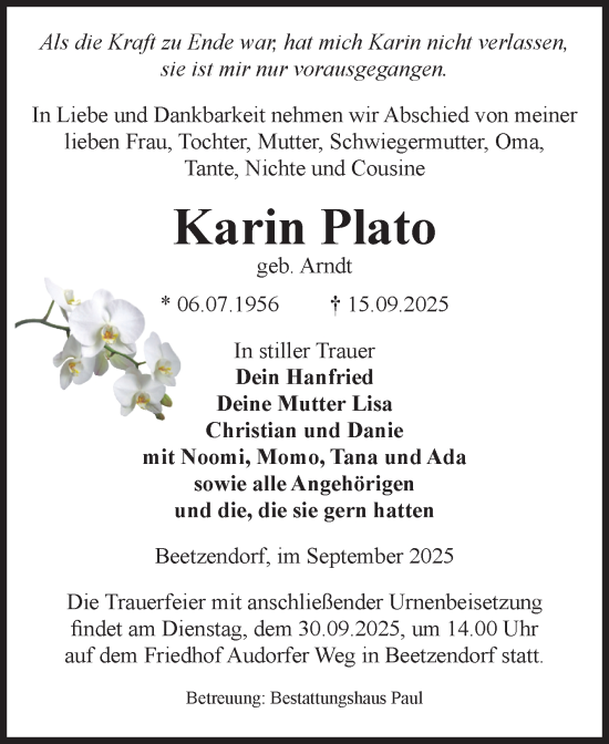 Traueranzeige von Karin Plato von Volksstimme Altmark West