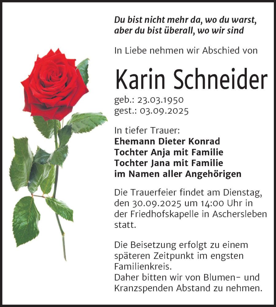  Traueranzeige für Karin Schneider vom 13.09.2025 aus Trauerkombi Aschersleben