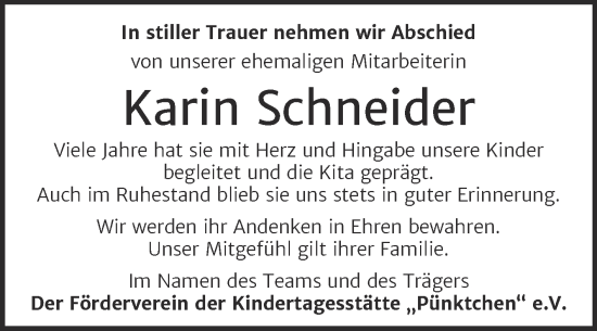 Traueranzeige von Karin Schneider von Trauerkombi Aschersleben