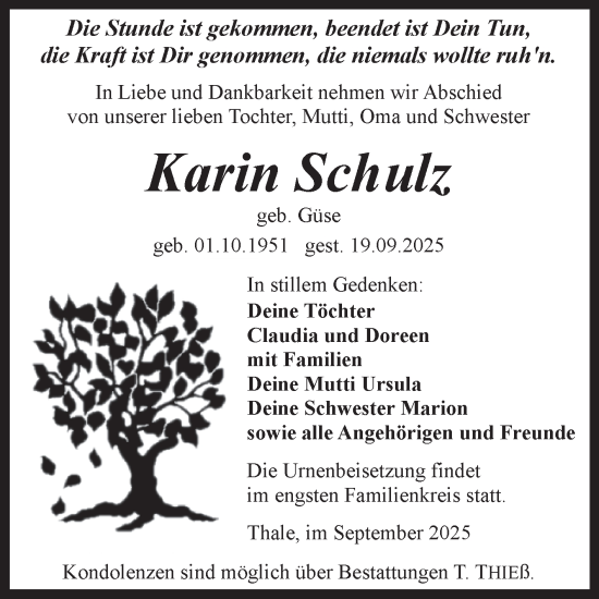Traueranzeige von Karin Schulz von Trauerkombi Quedlinburg