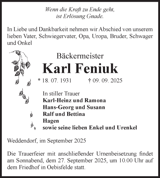 Traueranzeige von Karl Feniuk von Volksstimme Altmark West