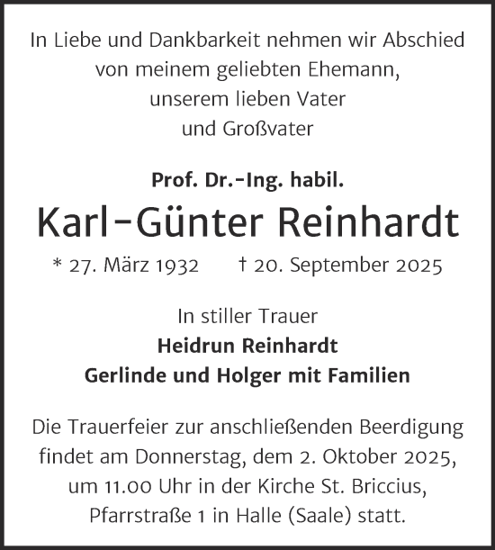 Traueranzeige von Karl-Günter Reinhardt von Mitteldeutsche Zeitung Halle/Saalkreis